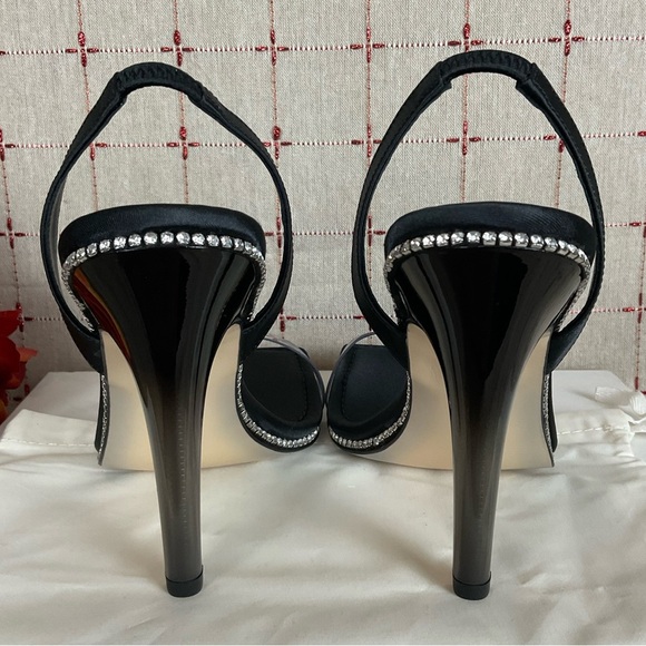 Good American Satin Strappy Heels Square Toe Sz 8.5 Black Satin & Rhinestones - Picture 4 of 7